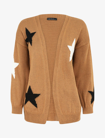 Gilet mi-long ouvert à imprimé étoiles - Camel - 1