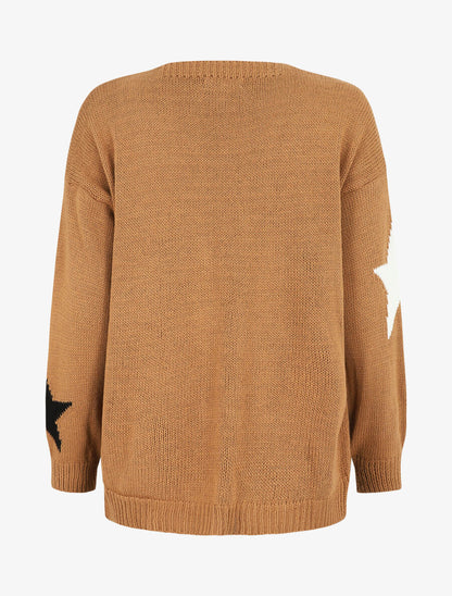 Gilet mi-long ouvert à imprimé étoiles - Camel - 2