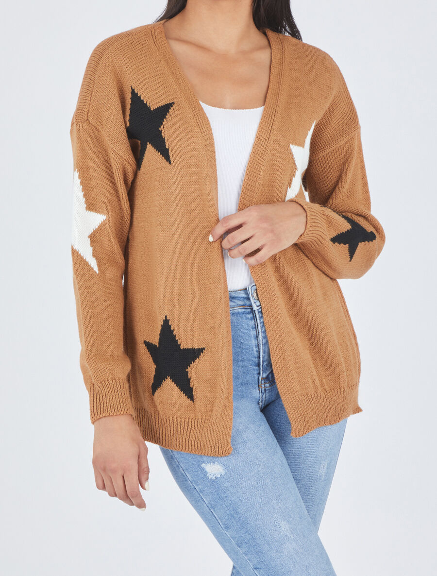 Gilet mi-long ouvert à imprimé étoiles - Camel - 4