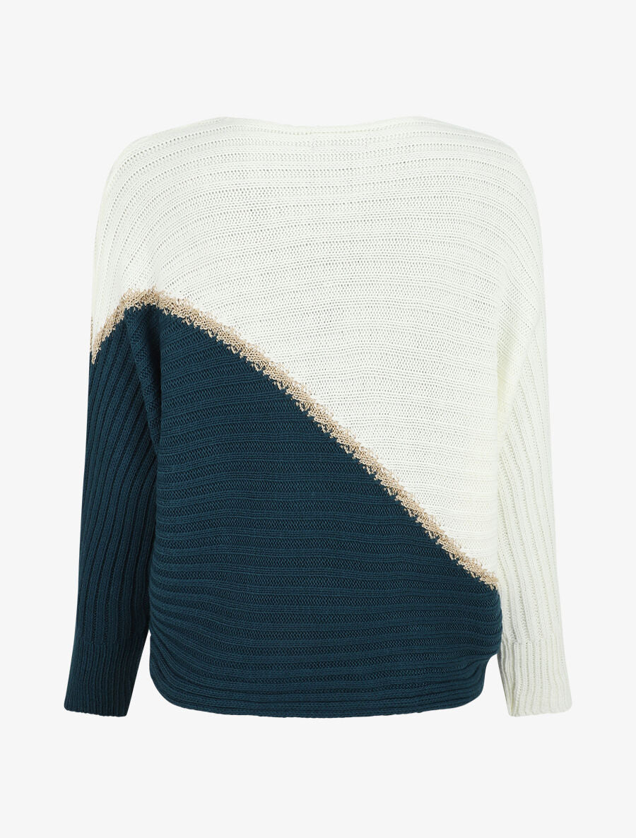 Pull bicolore à liseré doré - Bleu canard - 2