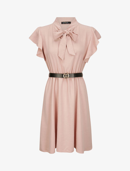 Robe à col lavallière et mancherons volantés - Rose poudré - 4