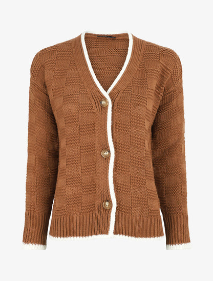 Gilet col V en maille stylisée - Camel - 4