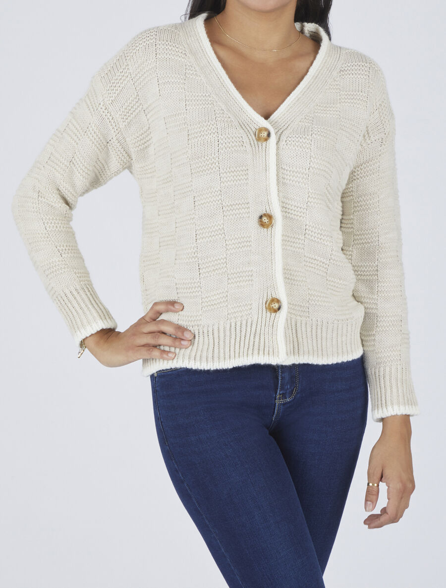 Gilet col V en maille stylisée - Beige - 4