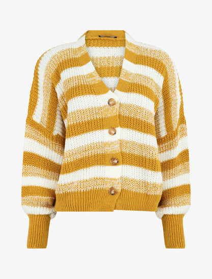 Cardigan à rayures et bords côtelés - Jaune moutarde - 1