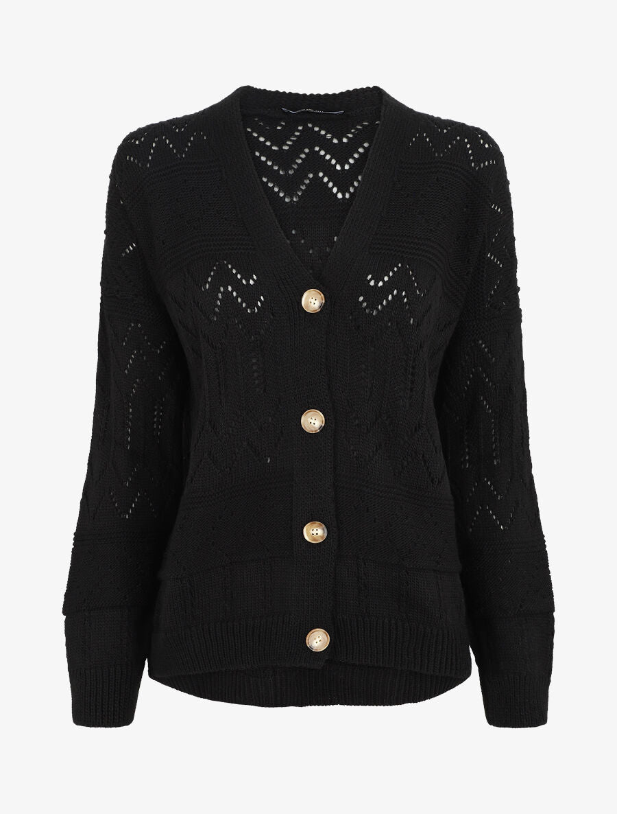 Cardigan grosse maille ajourée et bords côtelés - Noir - 1