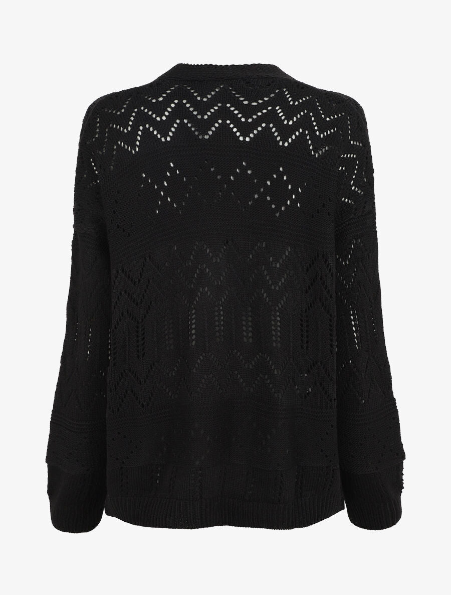 Cardigan grosse maille ajourée et bords côtelés - Noir - 2