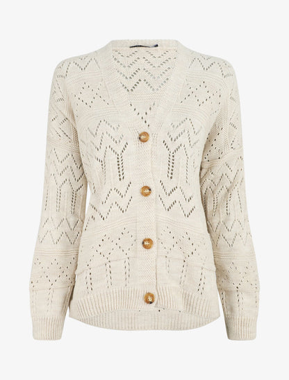 Cardigan grosse maille ajourée et bords côtelés - Beige - 5