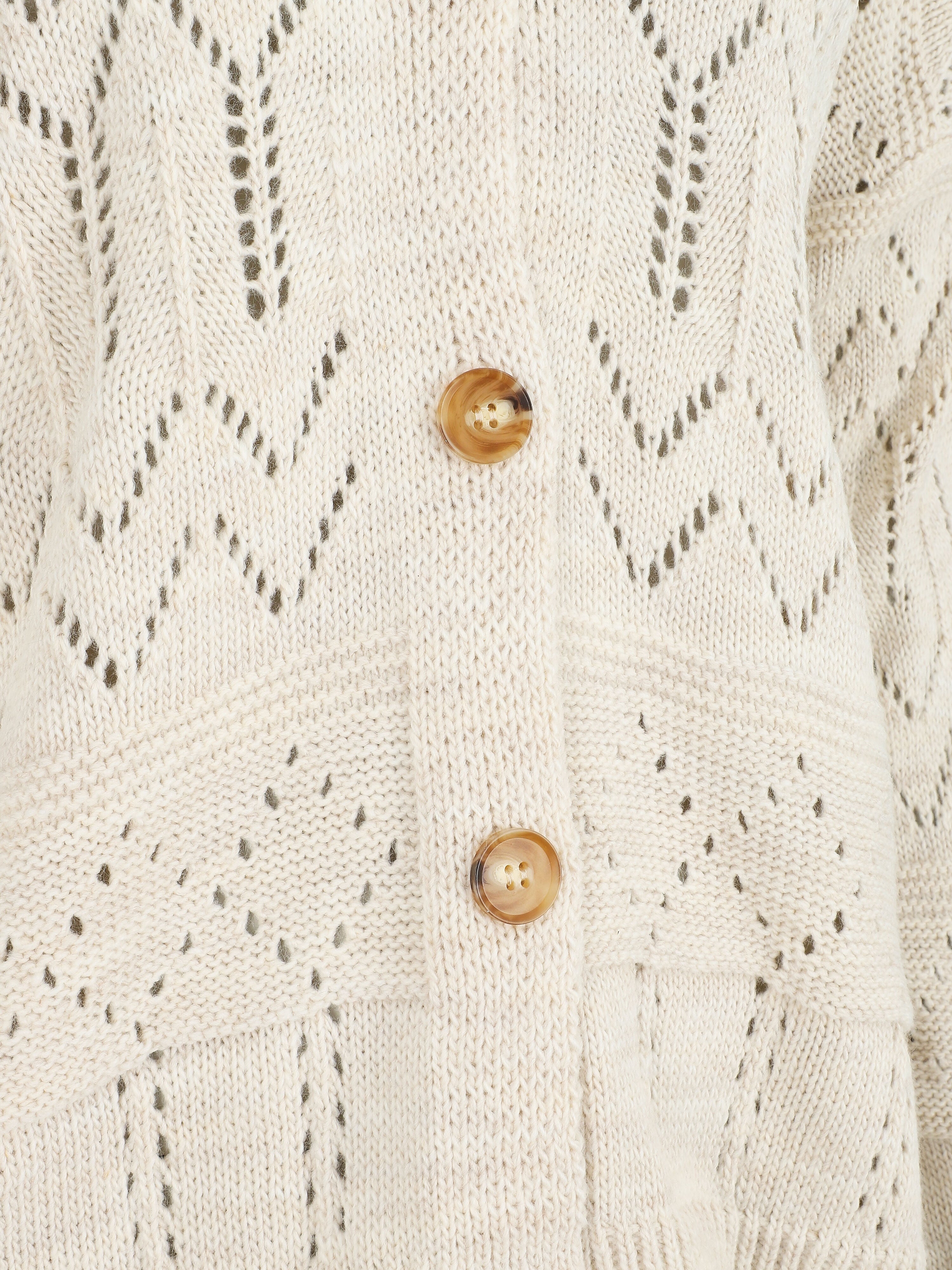 Cardigan grosse maille ajourée et bords côtelés - Beige - 3