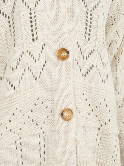 Cardigan grosse maille ajourée et bords côtelés - Beige - 3