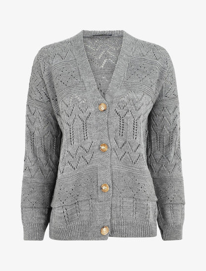 Cardigan grosse maille ajourée et bords côtelés - Gris - 1