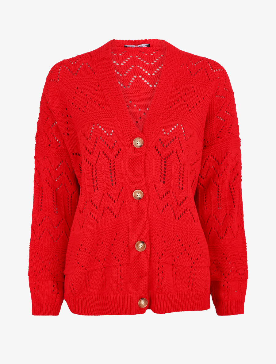 Cardigan grosse maille ajourée et bords côtelés - Rouge - 5
