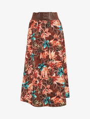 Jupe longue imprimé fleurs à taille haute - Marron - 4