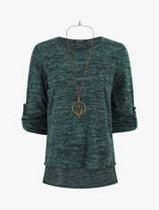 Pull à base asymétrique et manches retroussables - Vert sapin - 1