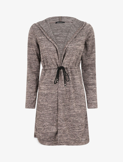 Gilet mi-long à capuche et liens - Taupe - 1