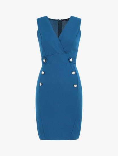 Robe unie sans manches à boutons - Bleu - 2