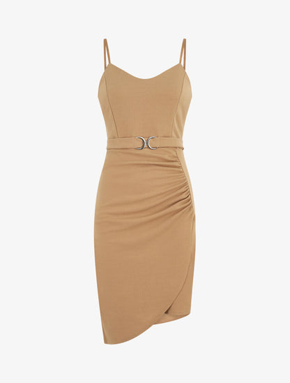 Robe drapée à bretelles et boucle - Taupe - 1