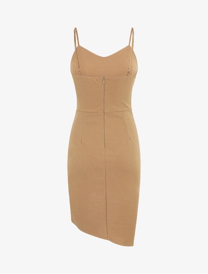 Robe drapée à bretelles et boucle - Taupe - 2
