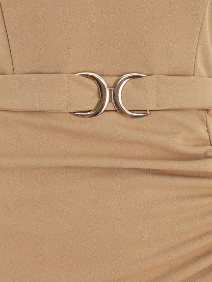 Robe drapée à bretelles et boucle - Taupe - 3