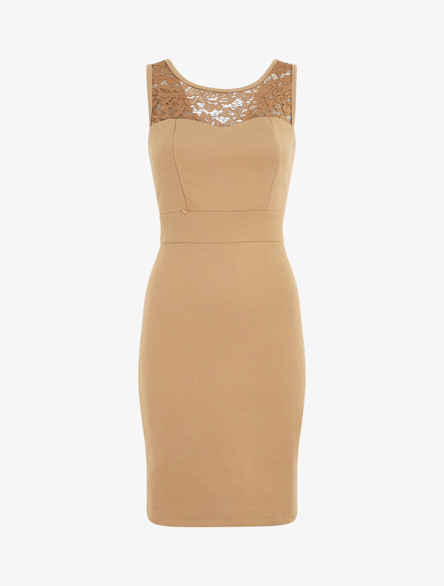 Robe fourreau et dentelle - Camel - 5
