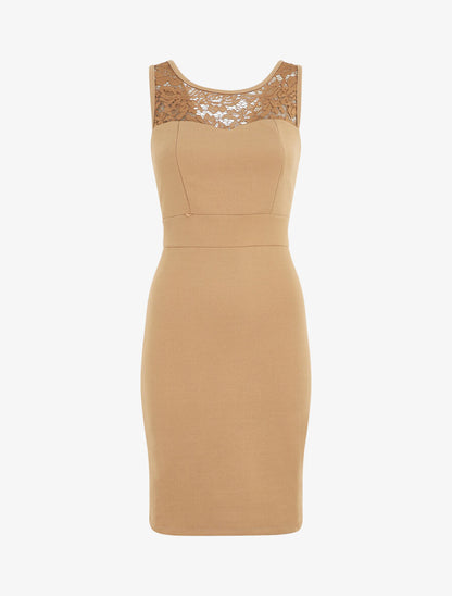 Robe fourreau et dentelle - Camel - 5