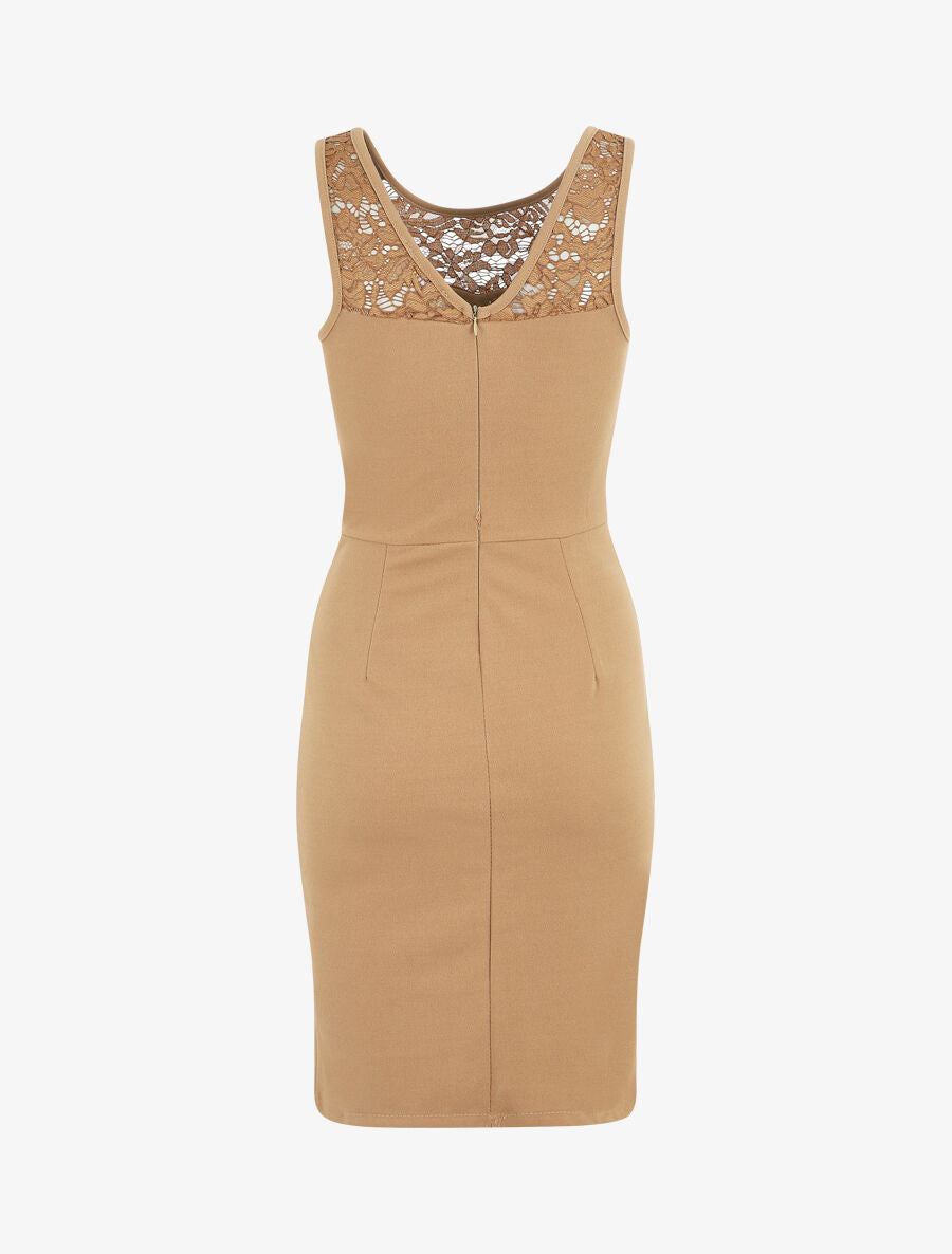 Robe fourreau et dentelle - Camel - 3