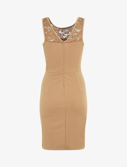 Robe fourreau et dentelle - Camel - 3