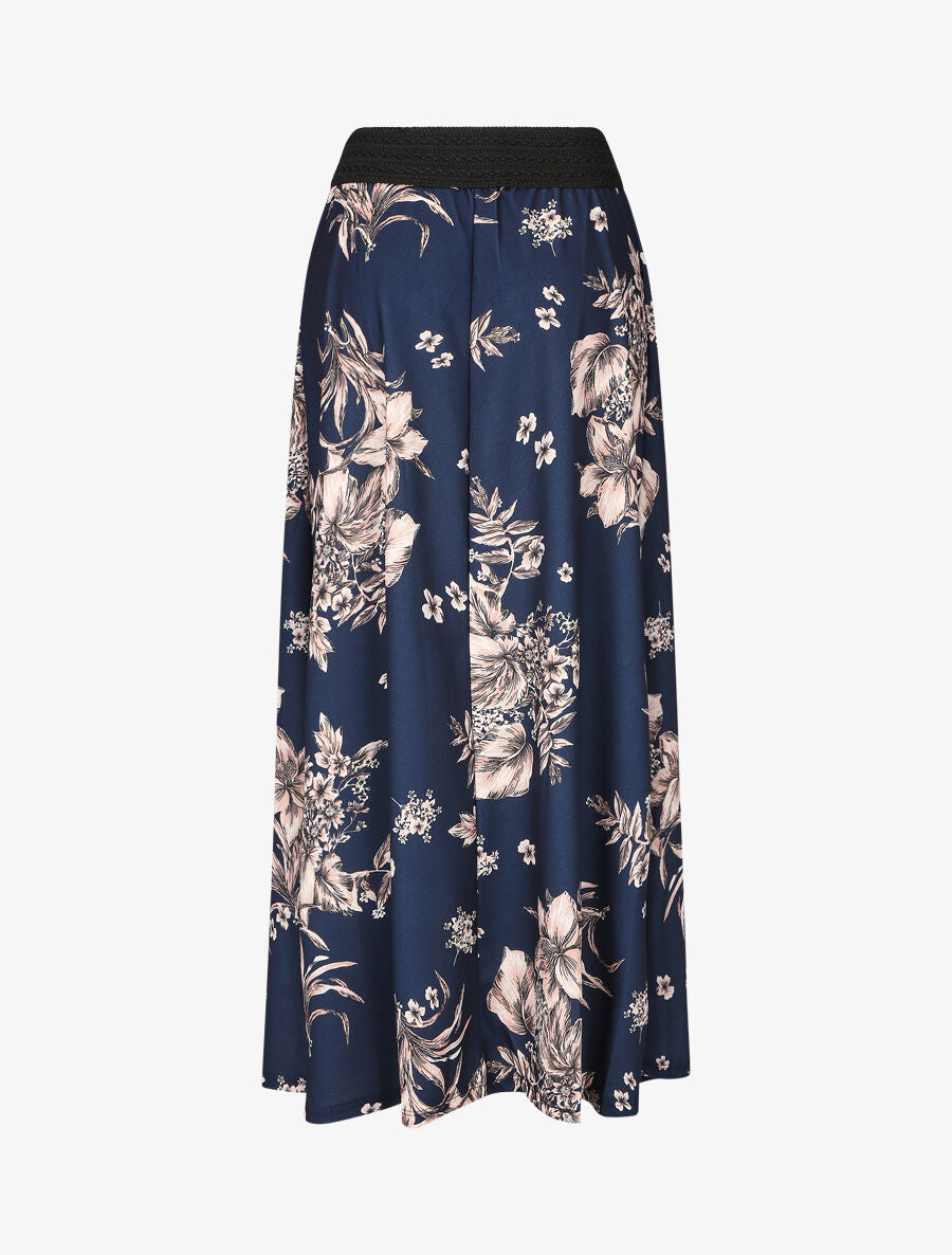 Jupe longue à imprimé fleuri à taille haute - Marine - 2