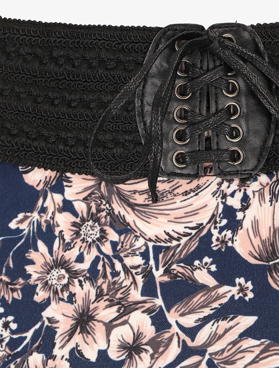 Jupe longue à imprimé fleuri à taille haute - Marine - 3