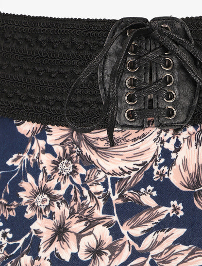 Jupe longue à imprimé fleuri à taille haute - Marine - 3