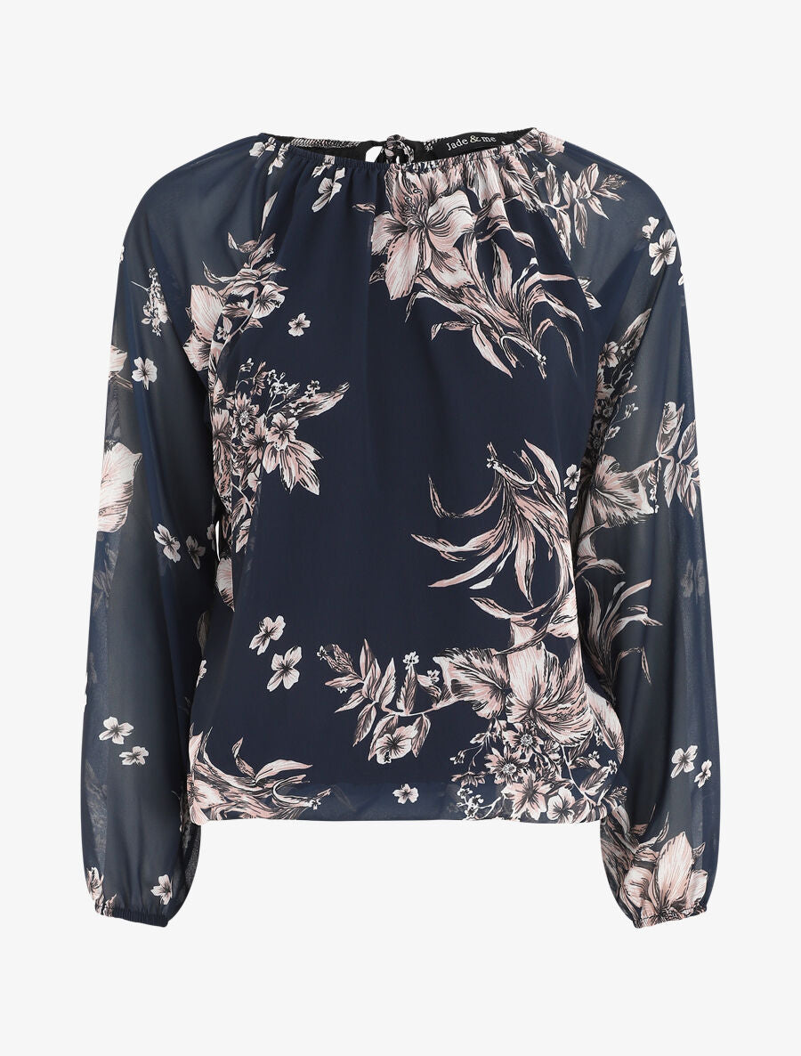 Blouse en voile à imprimé floral - Marine - 1