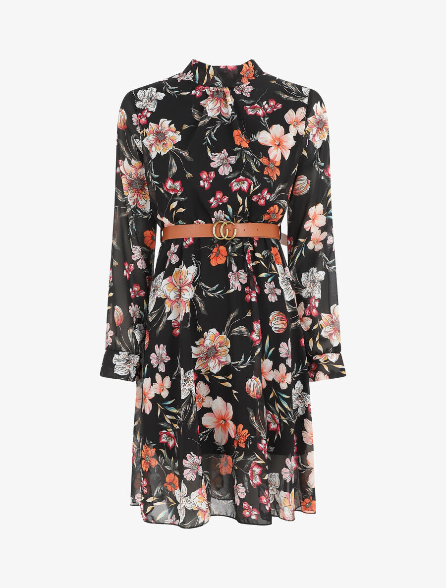 Robe évasée col montant imprimé fleurs sauvages - Noir - 4