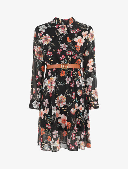 Robe évasée col montant imprimé fleurs sauvages - Noir - 4