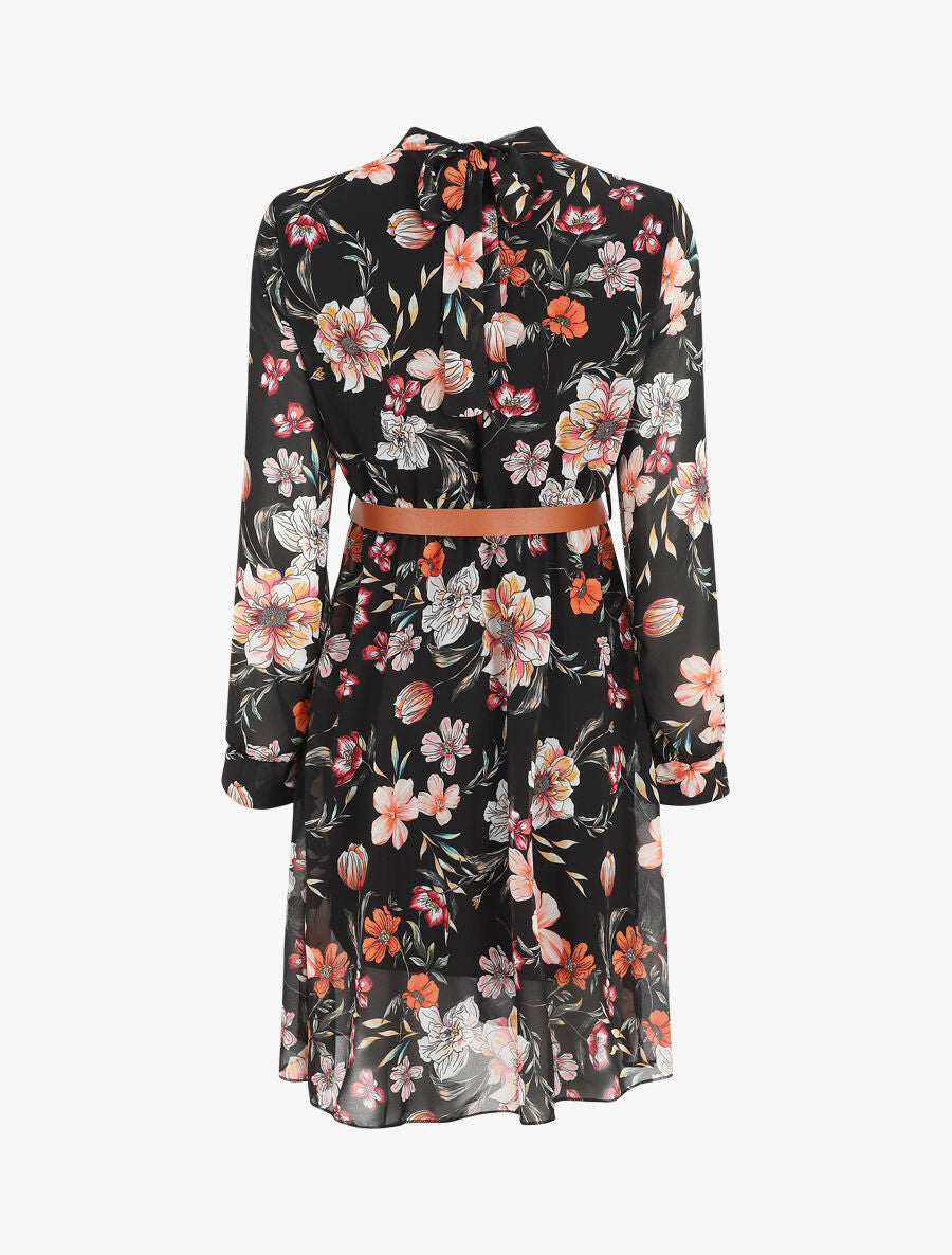 Robe évasée col montant imprimé fleurs sauvages - Noir - 2