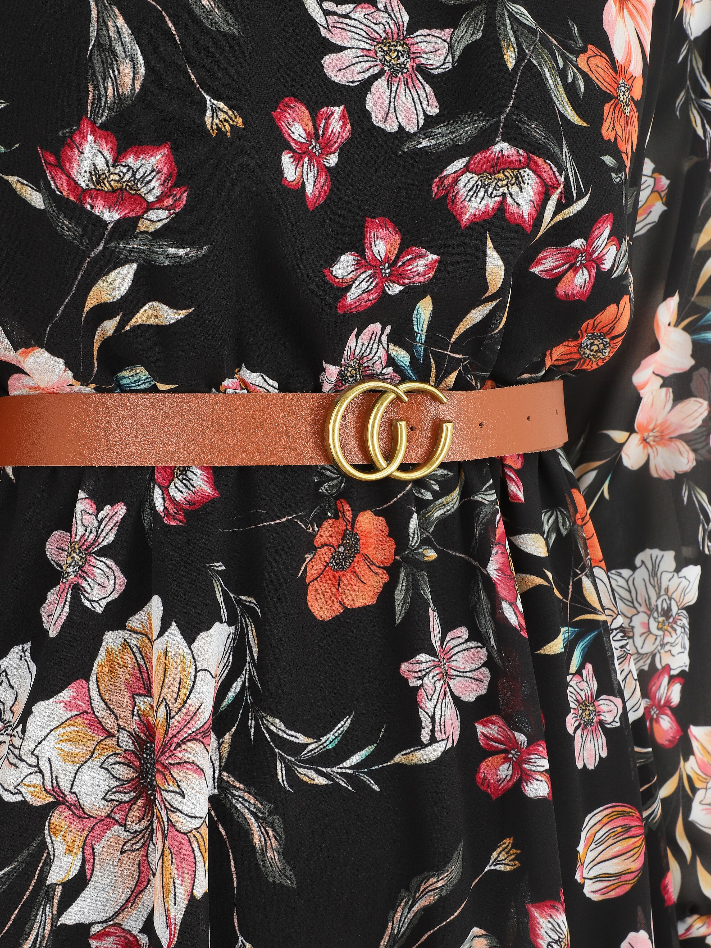 Robe évasée col montant imprimé fleurs sauvages - Noir - 3