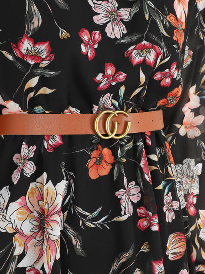 Robe évasée col montant imprimé fleurs sauvages - Noir - 3
