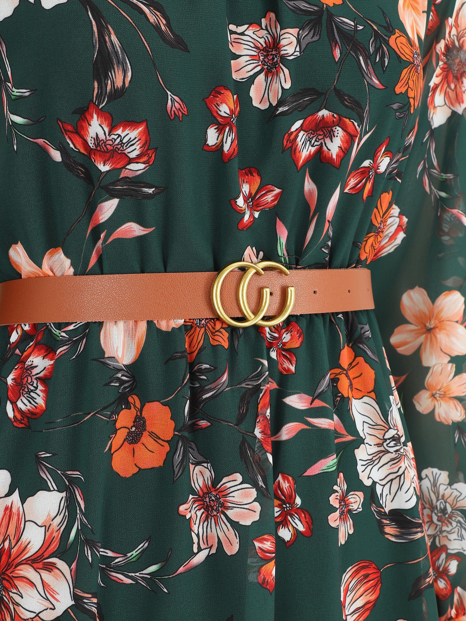 Robe évasée col montant imprimé fleurs sauvages - Vert foncé - 3