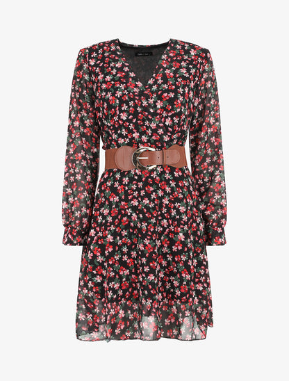 Robe mi-longue à imprimé petites fleurs - Noir - 4