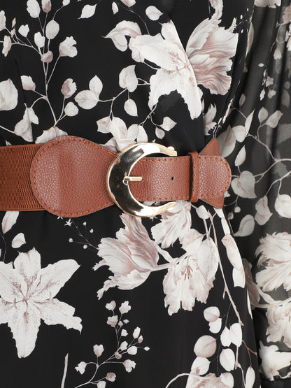 Robe mi-longue à imprimé fleuri - Noir - 3