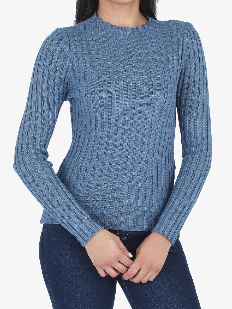Pull côtelé ajusté à col montant - Bleu - 4