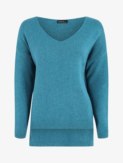 Pull ample uni col V - Bleu canard - 1