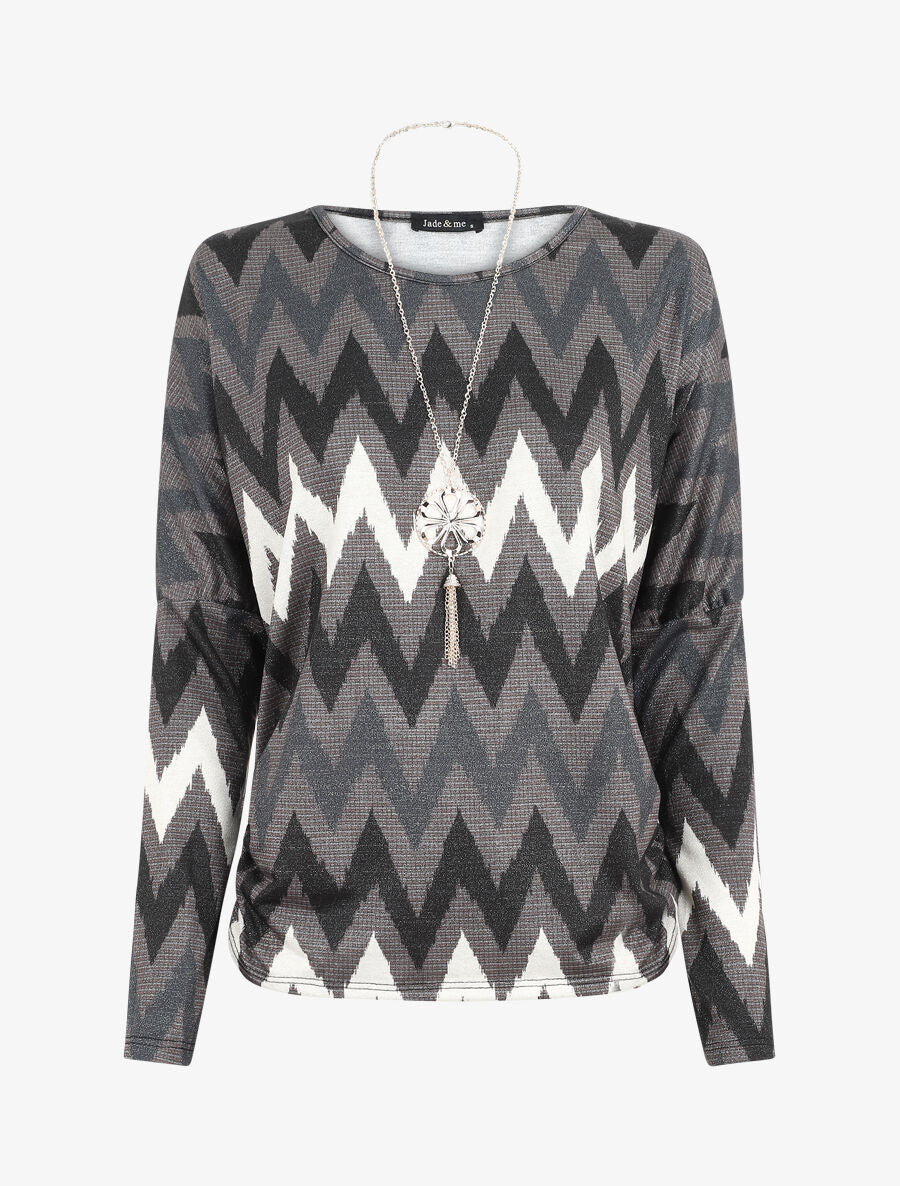 Top manches chauves-souris imprimé zig-zag irisé - Noir - 4