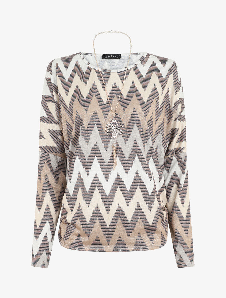 Top manches chauves-souris imprimé zig-zag irisé - Beige - 1