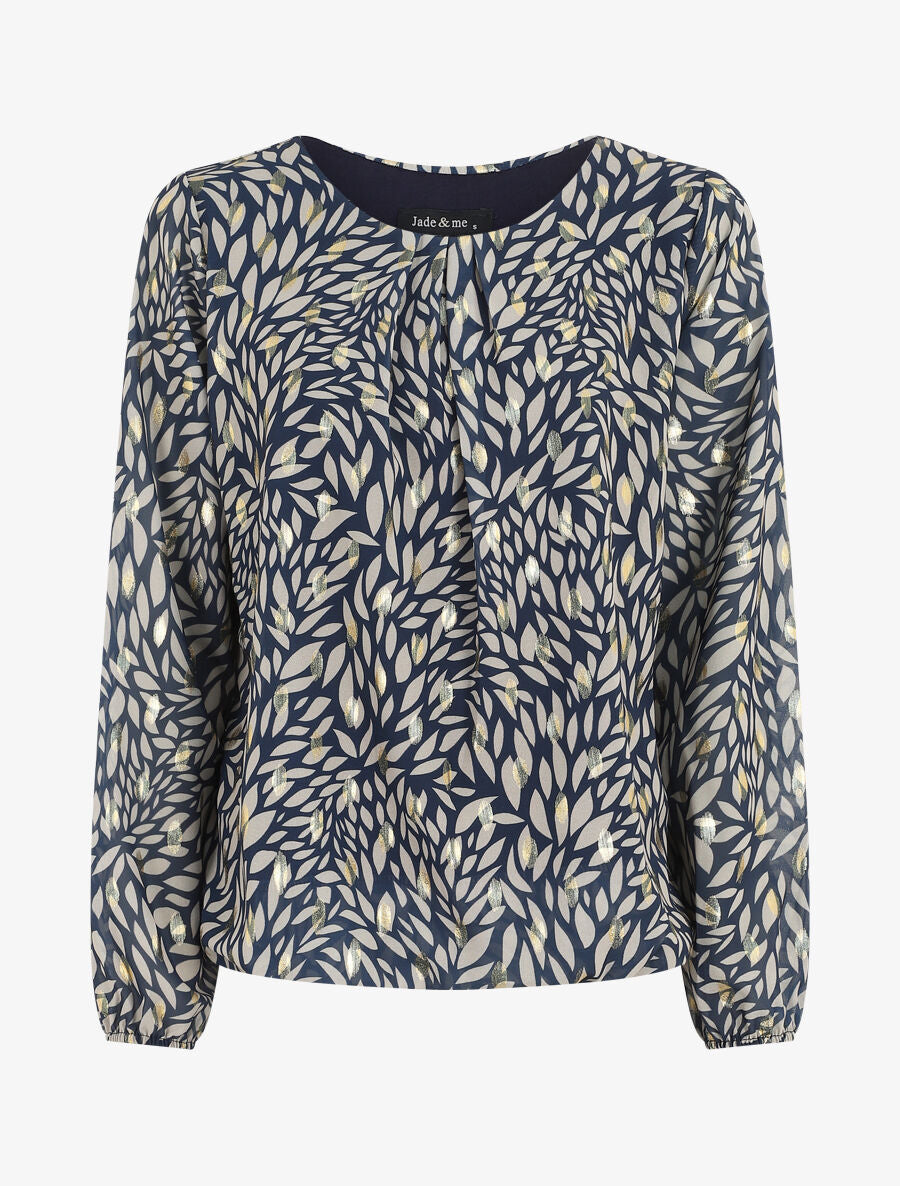 Blouse ample en voile imprimé feuilles irisées - Marine - 1