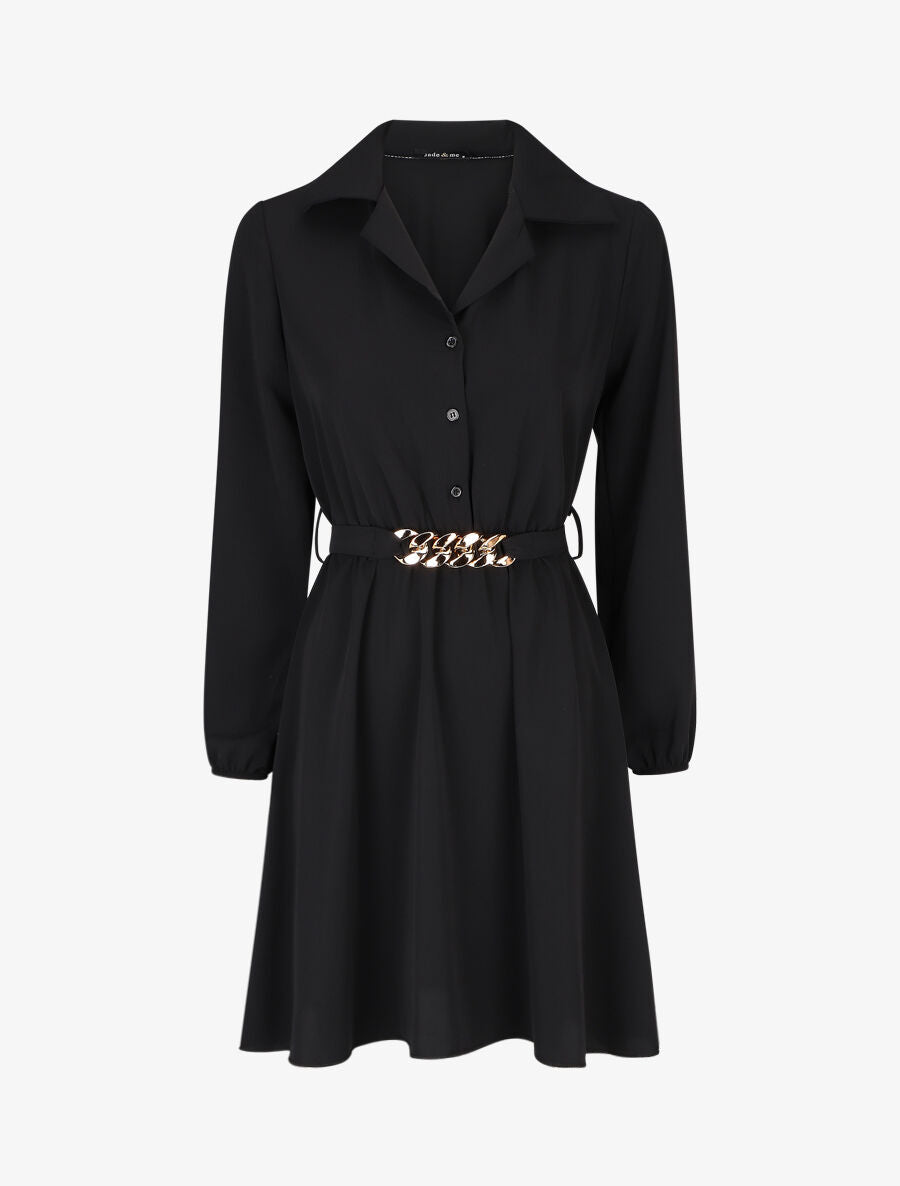 Robe chemise unie coupe patineuse - Noir - 1