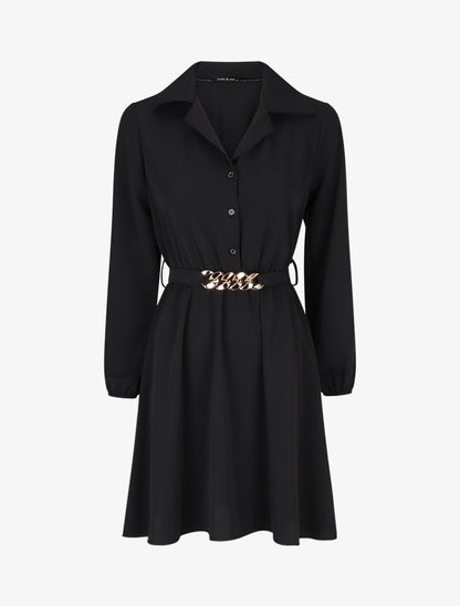 Robe chemise unie coupe patineuse - Noir - 1