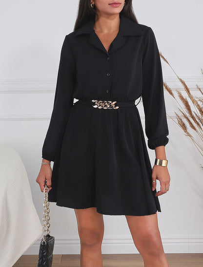 Robe chemise unie coupe patineuse - Noir - 4