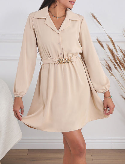 Robe chemise unie coupe patineuse - Beige - 4