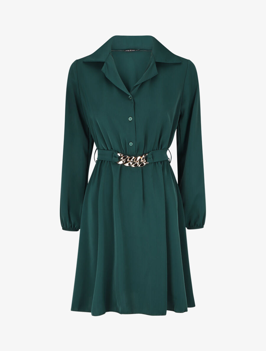 Robe chemise unie coupe patineuse - Vert sapin - 1