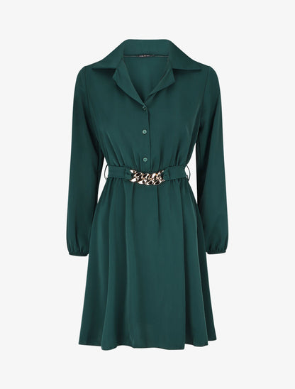 Robe chemise unie coupe patineuse - Vert sapin - 1