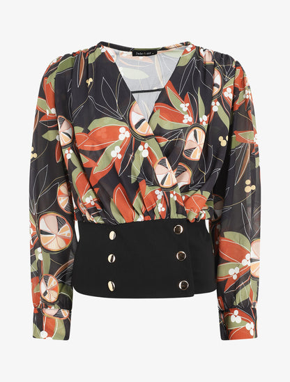 Blouse cache-coeur imprimée à boutons décoratifs - Noir - 1